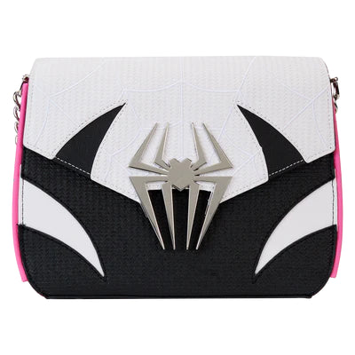 Ontdek de heldhaftige wereld van Spider-Gwen met de Loungefly Spider-Verse Spider-Gwen Crossbody Bag, compleet met een gegoten metalen spinnenembleem en gestreepte details.
