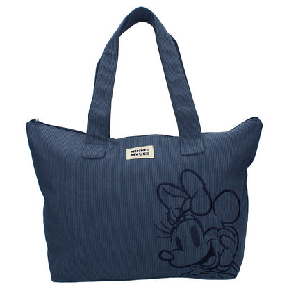 Trendy blauwe shopper van zachte ribstof met een verfijnde fine line afbeelding van Minnie Mouse, perfect voor winkelen en uitjes.