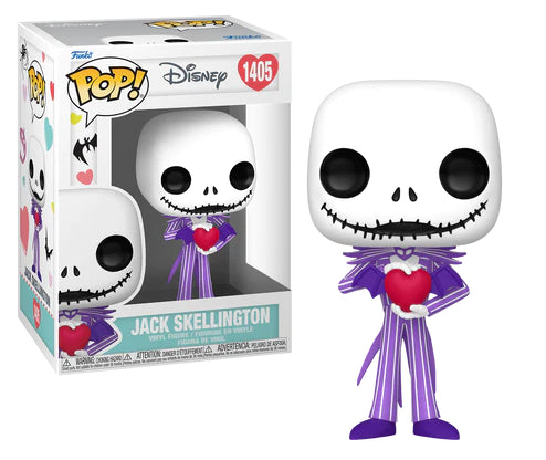 Pop! Jack Skellington in een paarse en witte outfit met een rood hart, perfect voor fans van The Nightmare Before Christmas en Valentijnsdag.