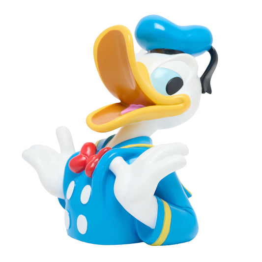Donald Duck spaarpot van duurzame hars, levendig kleurenpalet van wit, blauw, rood en geel, weerspiegelt de essentie van dit tijdloze karakter.