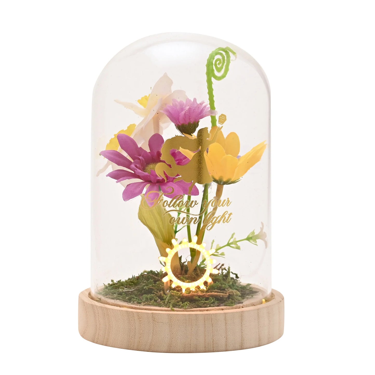 Disney Pastel Princess Florals in een stolp met neonlicht – Rapunzel op een rustieke houten basis, met betoverende bloemen en een zachte gloed, perfect als decoratie of cadeau voor Disney-liefhebbers (werkt op 3 x AAA-batterijen, niet inbegrepen).