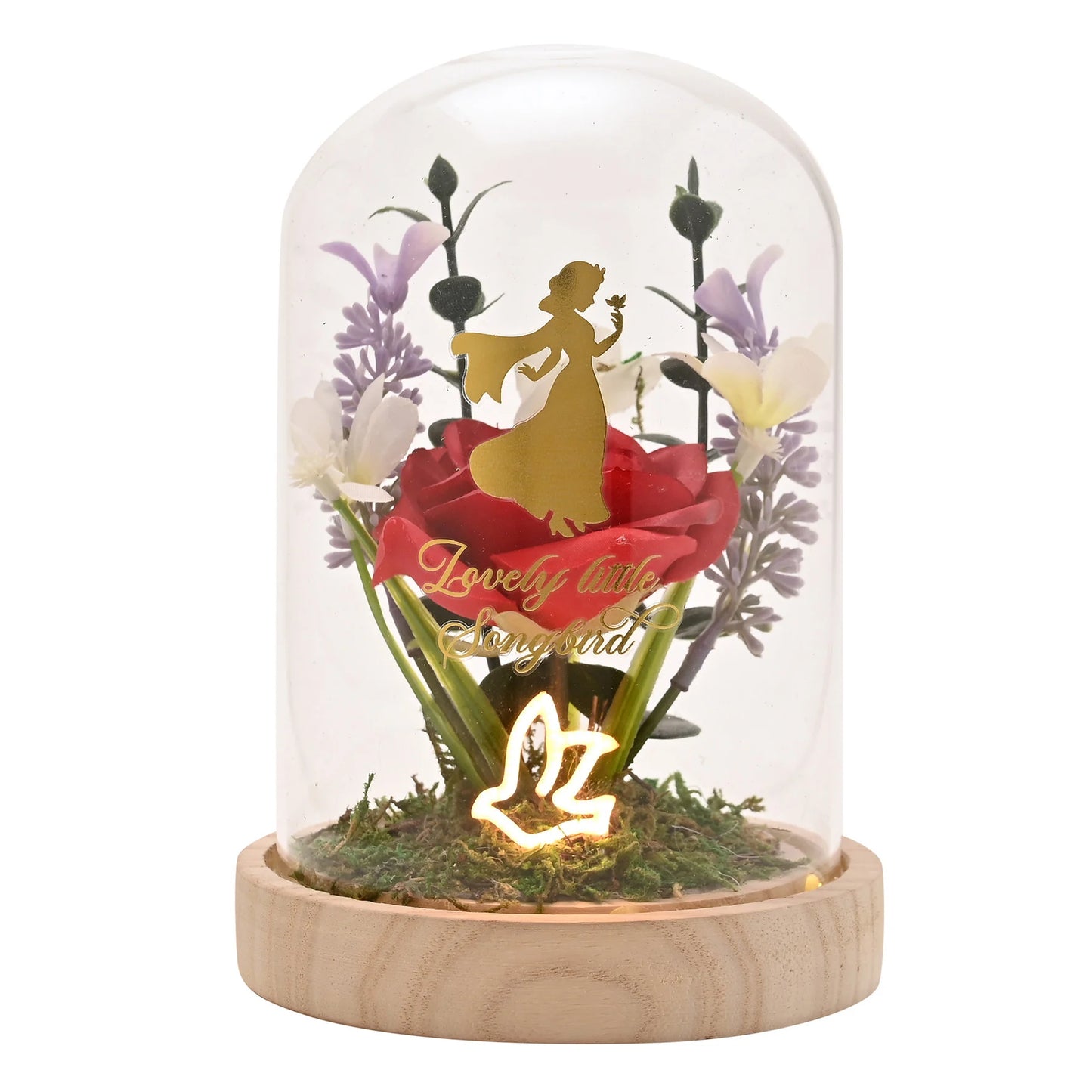 Disney Pastel Princess Florals in een stolp met neonlicht – Sneeuwwitje op een rustieke houten basis, met sierlijke bloemen en een zachte gloed, een magische decoratie of cadeau voor Disney-liefhebbers (werkt op 3 x AAA-batterijen, niet inbegrepen).