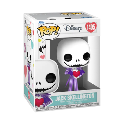 Jack Skellington als Pop! vinylfiguur in een kleurrijke nieuwe look, met een rood hart in zijn hand voor de Valentijnscollectie.