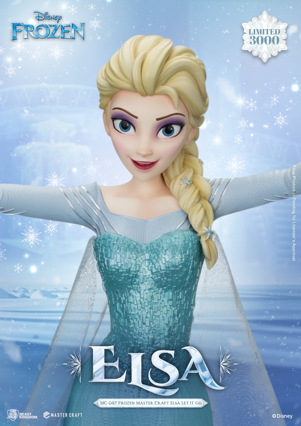 Beast Kingdom’s Elsa-beeld met 3D-sculpting en transparante stoffen die de sprankeling van sneeuw nabootsen, limited edition met uniek plaquette.