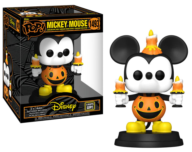 Light Up Super Pop! Mickey Mouse in jack-o-lantern kostuum, klaar voor Halloween festiviteiten in je Disney-collectie.