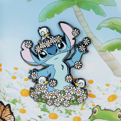 "Ontdek de magie van de Loungefly Springtime Stitch Collector Pin - Stitch met een handgemaakte bloemenkroon in een speelse setting."