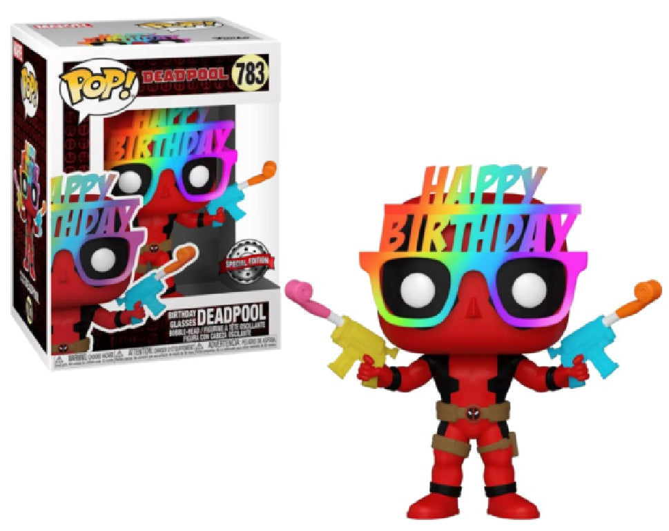 Funko Pop! Marvel Deadpool ‘Birthday Glasses’ 783 – Deadpool in feestelijke stemming met verjaardagsbril, een must-have voor Deadpool- en Funko Pop!-verzamelaars.