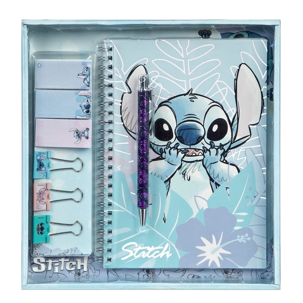 Schattig A5 notitieboek met metalen spiraal uit de Disney Stitch Stationery Gift Set, met een karakter-figuur op kartonvellen en 80 vierkleurige gelijnde pagina's.