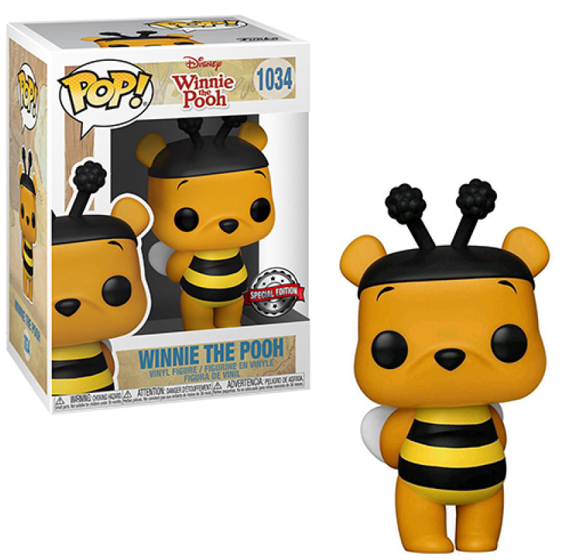 Funko Pop! Winnie the Pooh als bij ‘1034’ toont Pooh in een schattige bijenoutfit met vleugels en een honingpot, perfect voor elke Disney- of Winnie the Pooh-fan.