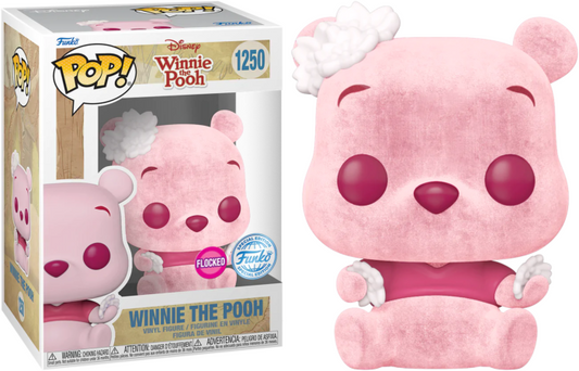 Schattige Winnie de Poeh Pop! met zachte flocked afwerking en roze kersenbloesemdetails in zijn handen en vacht, geïnspireerd op het Honderd Bunderbos.