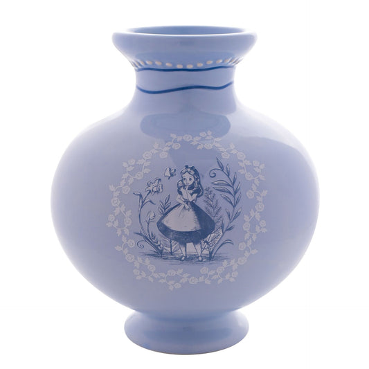 Disney Alice in Wonderland Vaas: Officieel gelicentieerd keramisch product in lichtblauw, perfect voor superfans, met gedetailleerde witte en blauwe afbeeldingen.