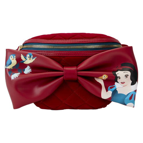 Loungefly Disney Snow White Classic Bow Velvet Belt Bag met een opvallende 3D rode strik en prachtige artwork van Sneeuwwitje en bosvogels.