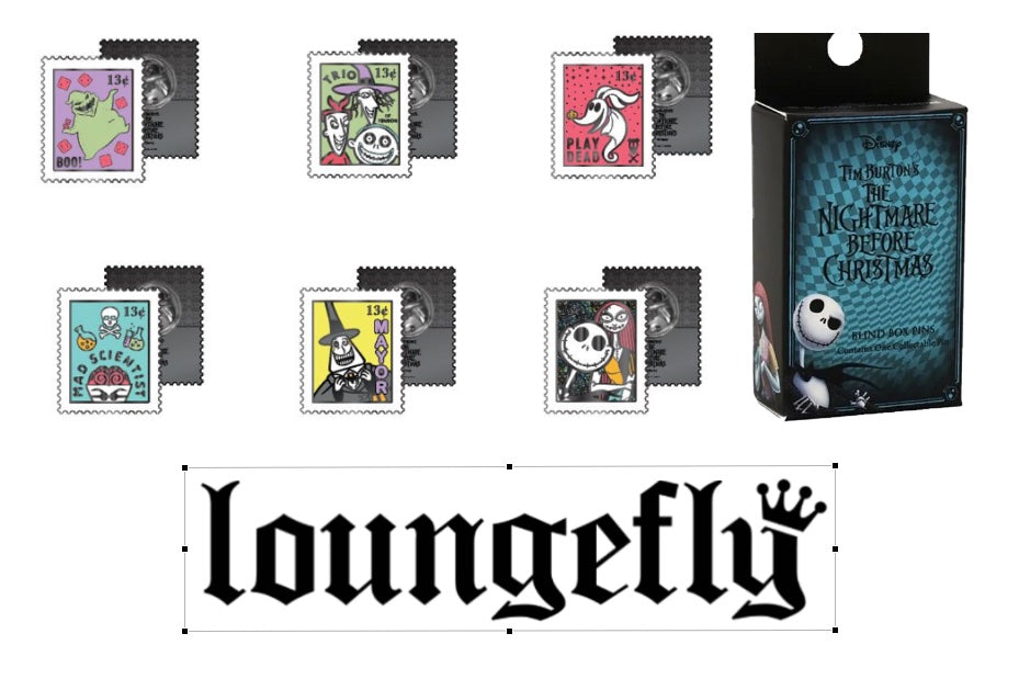 Loungefly Nightmare Before Christmas Stamps Pin Mystery Bag met unieke postzegelontwerpen uit Halloween Town, ideaal voor fans van Tim Burton’s film en verzamelaars.