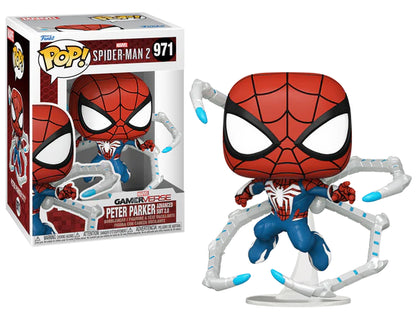 Pop! Peter Parker in zijn Advanced Suit 2.0, springend tussen wolkenkrabbers, klaar om de dag te redden in je Spider-Man 2-collectie.