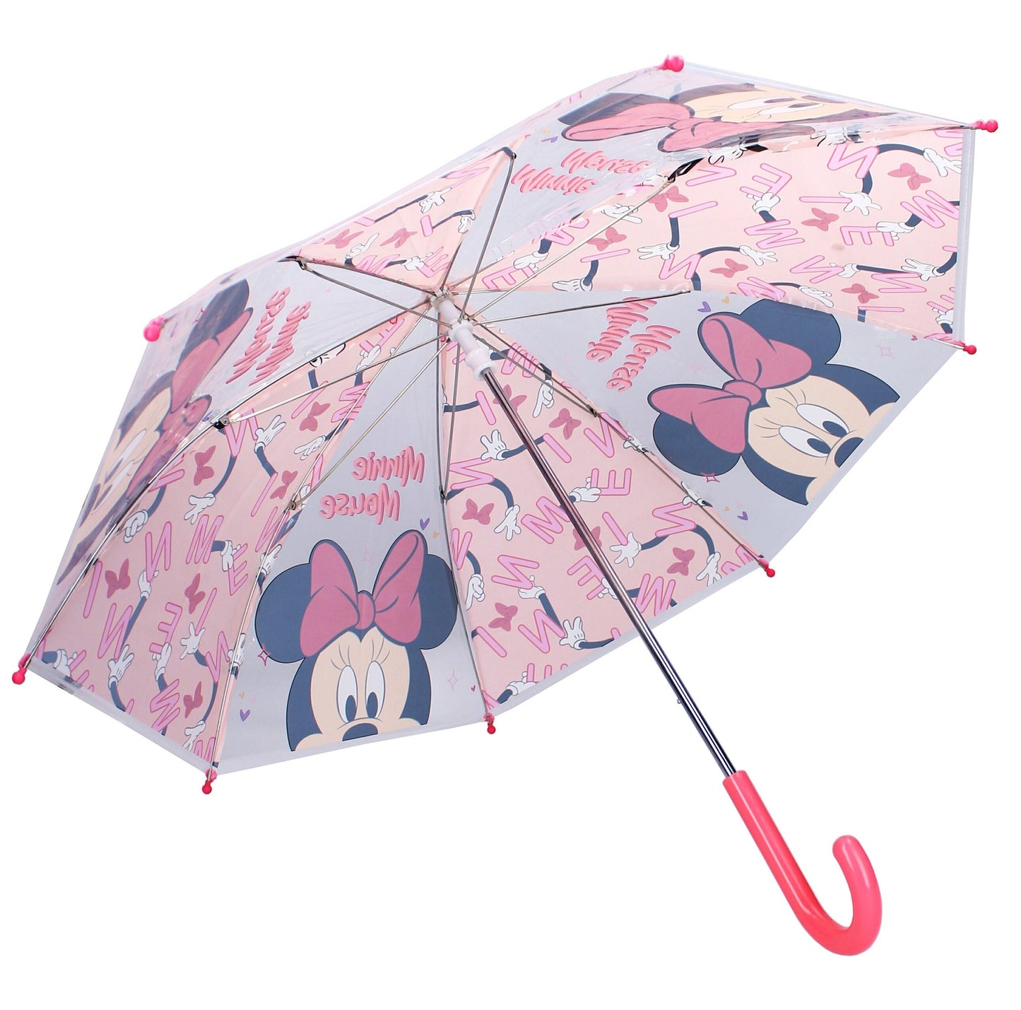 Voeg wat plezier toe aan regenachtige dagen met deze vrolijke Minnie Mouse paraplu, compleet met een gevarieerde print en kleine dopjes aan de uiteinden van de ribben voor extra veiligheid.