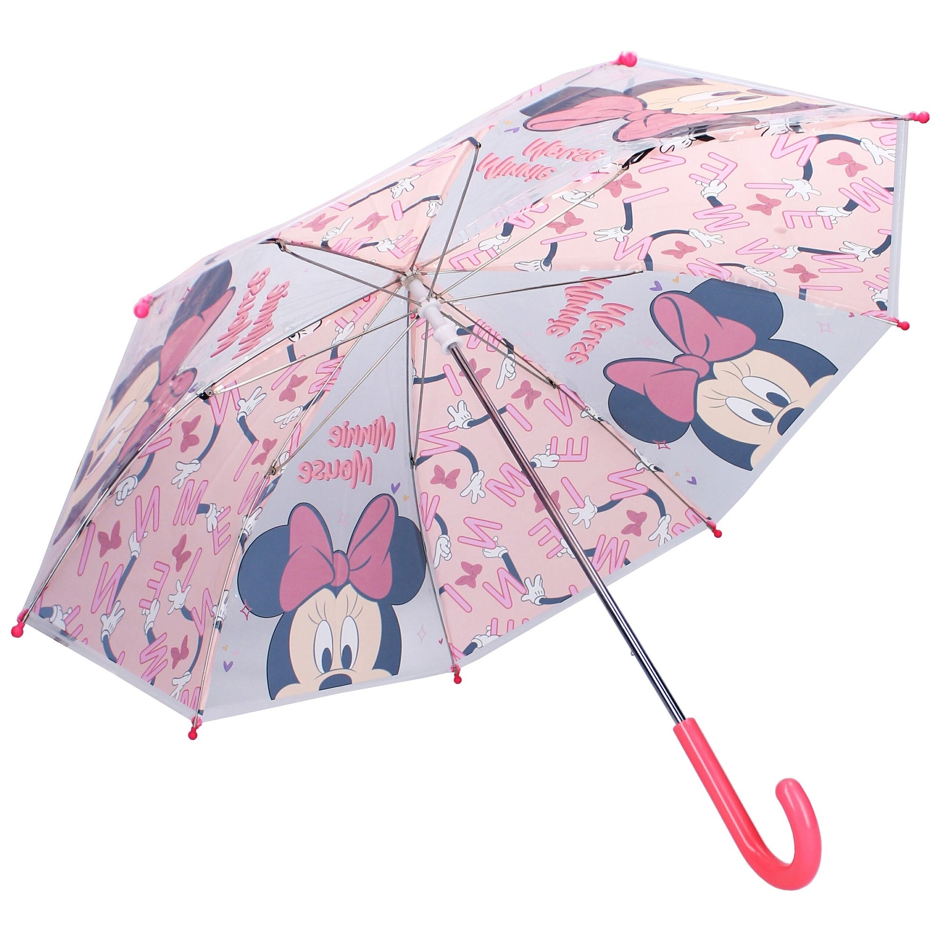 Voeg wat plezier toe aan regenachtige dagen met deze vrolijke Minnie Mouse paraplu, compleet met een gevarieerde print en kleine dopjes aan de uiteinden van de ribben voor extra veiligheid.