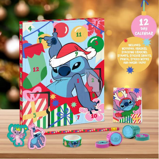 Disney Stitch 12 Day Advent Kalender met 12 dagen vol verrassingen, inclusief 12 schattige stationery essentials voor fans van Stitch.