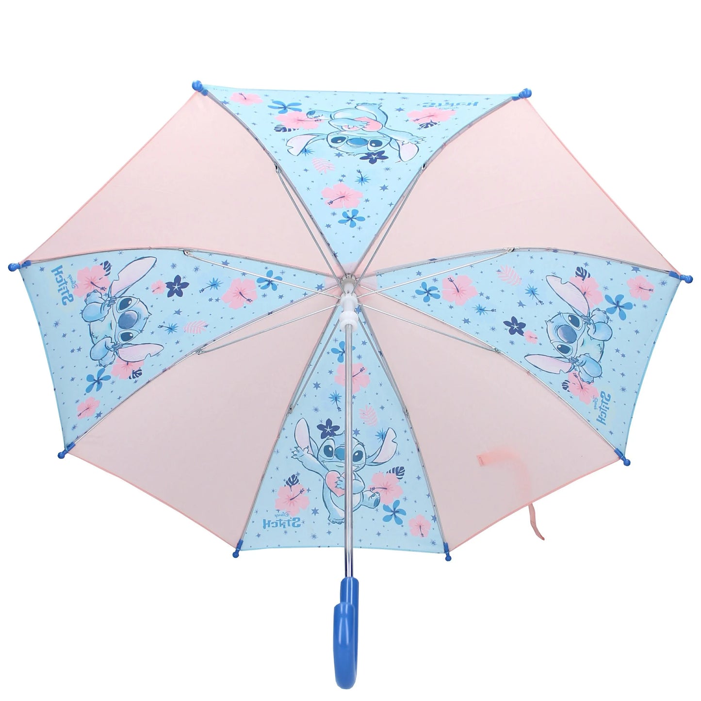 Een blauw handvat accentueert de vrolijke Stitch-print van deze paraplu uit de Sky Defenders-collectie.