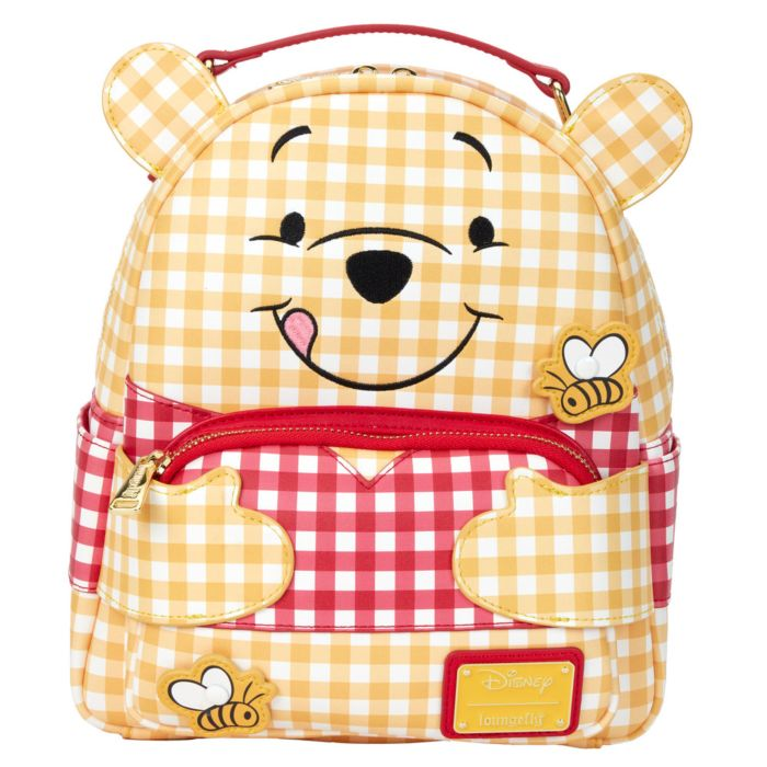 Loungefly Winnie the Pooh Gingham rugzak met schattige applicatie en borduurwerk, inclusief draaiende bijen en een 'I think the bees suspect something' boodschap.