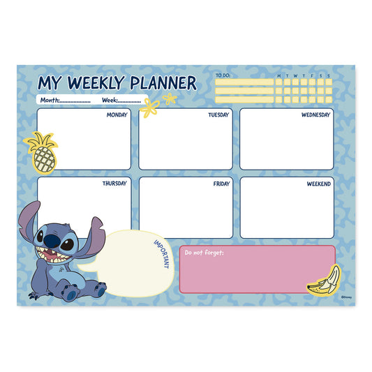 "Stitch Weekplanner: Deze schattige weekplanner met Stitch uit 'Lilo & Stitch' helpt je georganiseerd te blijven met een vleugje Disney-charme."