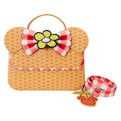 Geniet van een zonnige dag op het platteland met de Loungefly Minnie Mouse Picknickmand Crossbody Tas, compleet met Minnie's iconische strik en bloemdetail.
