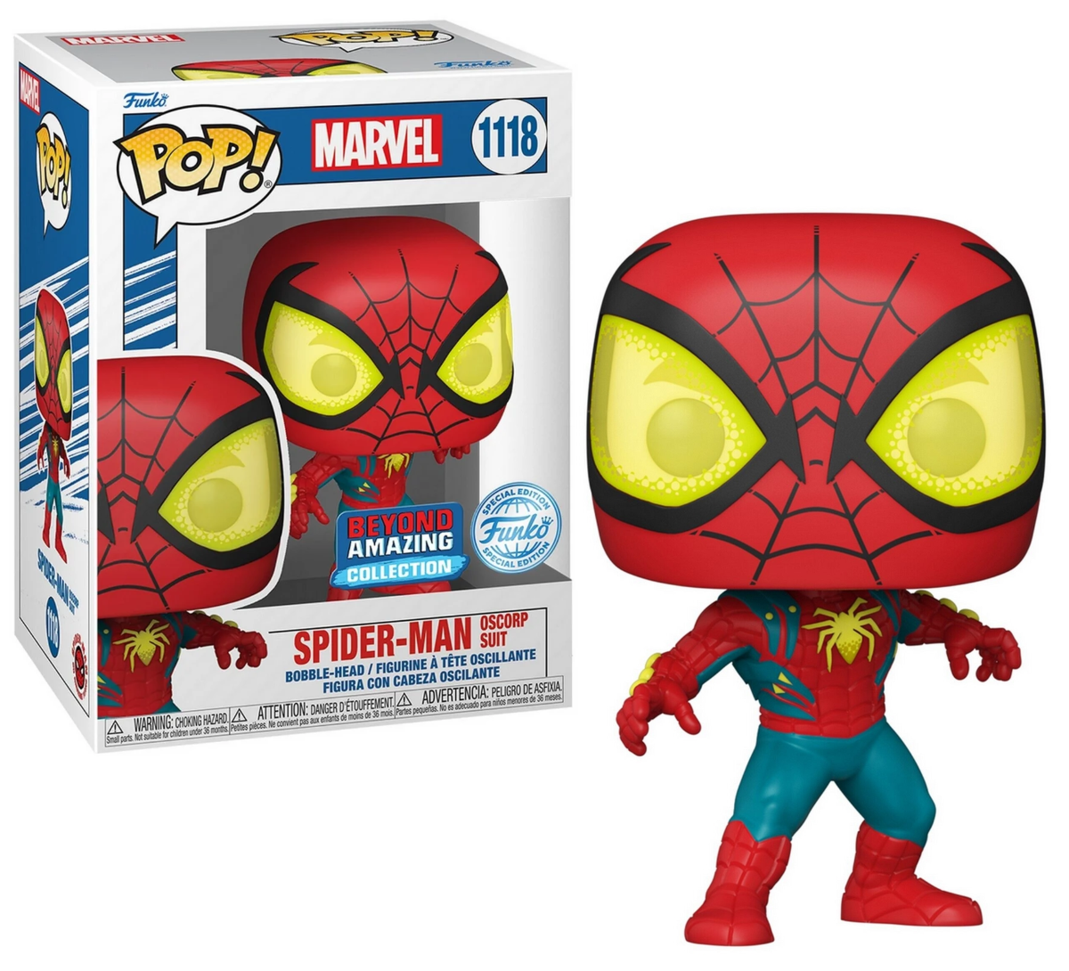 Funko Pop! Marvel Spider-Man #1118 in zijn exclusieve Oscorp Suit – een must-have voor elke Spider-Man fan en verzamelaar! Officiële Funko Pop! met uniek design, perfect als cadeau of toevoeging aan je collectie.