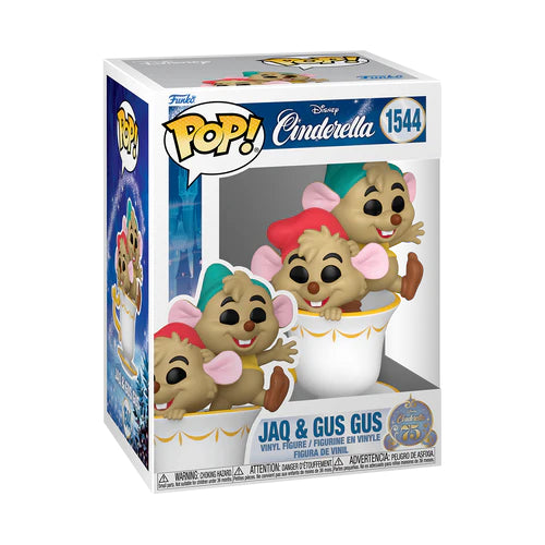 Disney Pop! figuren Jaq en Gus in een theekopje, een schattig verzamelobject ter ere van het 75-jarig jubileum van Cinderella.