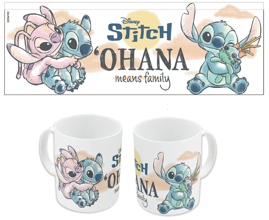 Disney Stitch & Angel 'Ohana' Beker met een charmant ontwerp van Stitch en Angel, en het woord "Ohana" in een vrolijke en liefdevolle stijl, perfect voor het genieten van warme dranken.