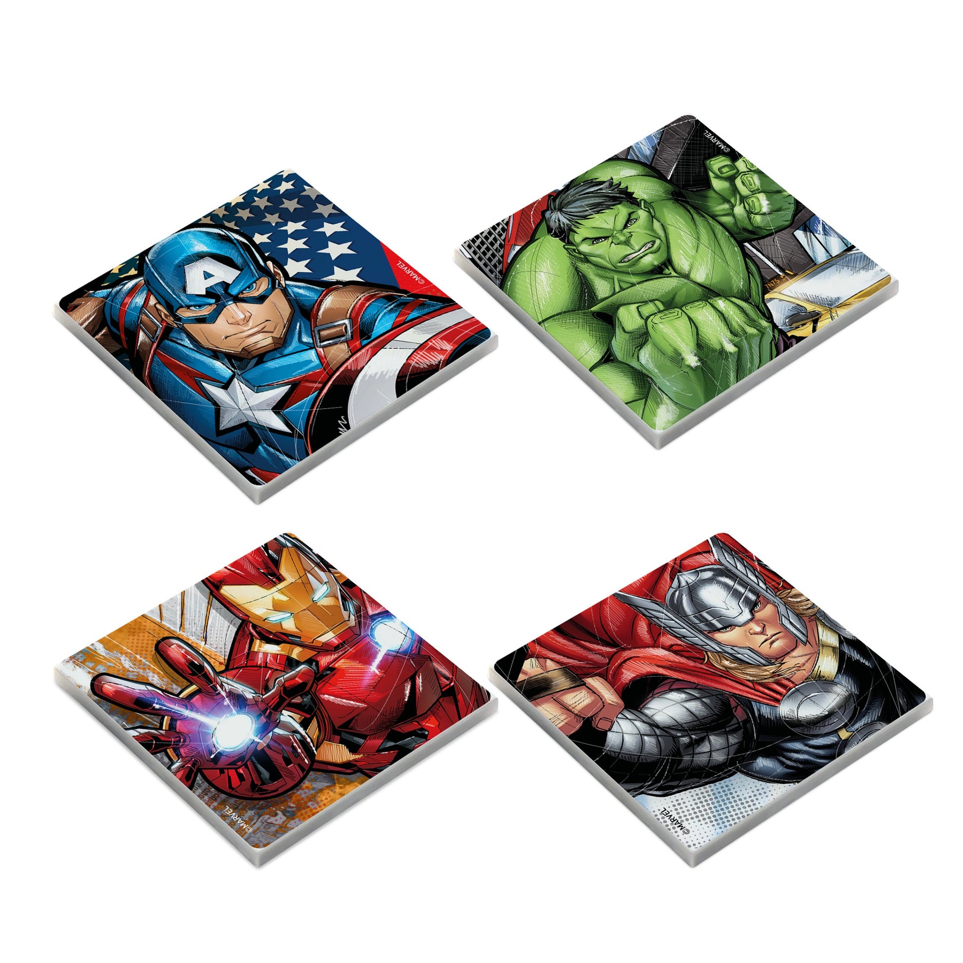 Marvel Avengers onderzetters met unieke ontwerpen van iconische helden, perfect voor het beschermen van je meubels in stijl en een must-have voor elke Marvel-fan.