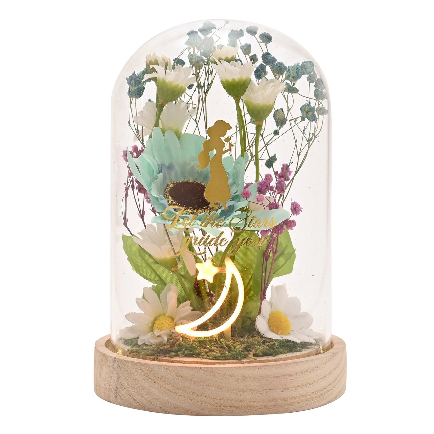 Disney Pastel Princess Florals in een stolp met neonlicht – Jasmine op een rustieke houten basis, met sierlijke bloemen en een warme gloed, een betoverende decoratie of cadeau voor Disney-liefhebbers (werkt op 3 x AAA-batterijen, niet inbegrepen).