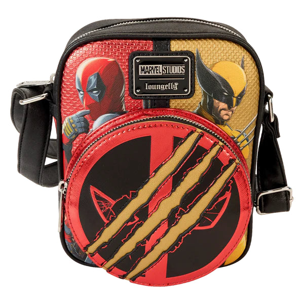 Crossbody tas met Deadpool en Wolverine design, gemaakt van veganistisch leer, met verstelbare schouderriem.