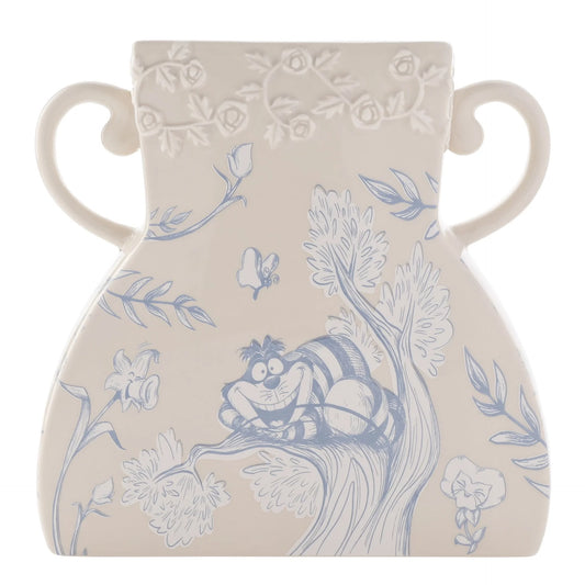 "Een decoratieve vaas in de vorm van de Cheshire Cat uit Alice in Wonderland, met een brede, grijnzende mond en levendige kleuren."