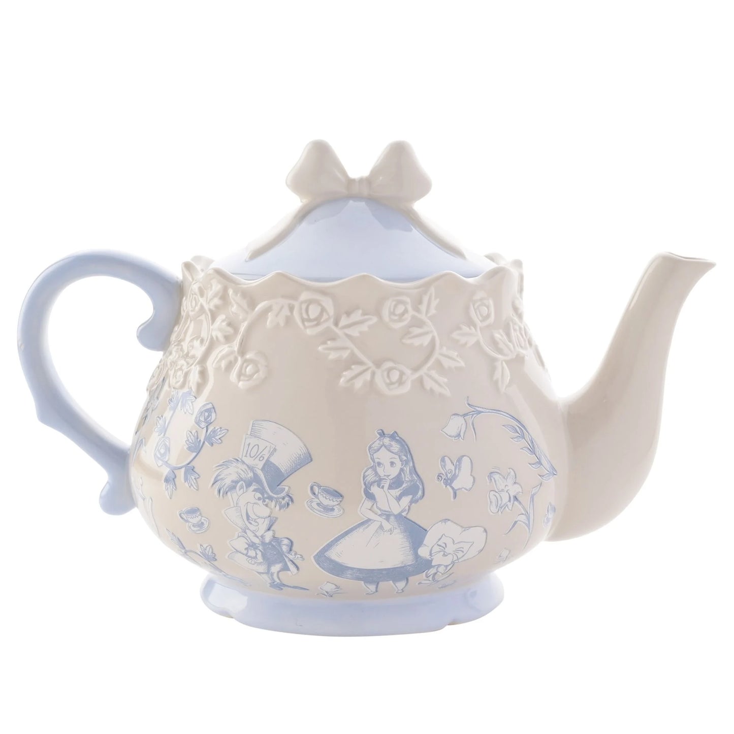 Disney theepot met Alice en de Gekke Hoedenmaker: Keramische theepot in beige en lichtblauw, stickerafwerking en prachtige illustraties, officieel gelicentieerd.