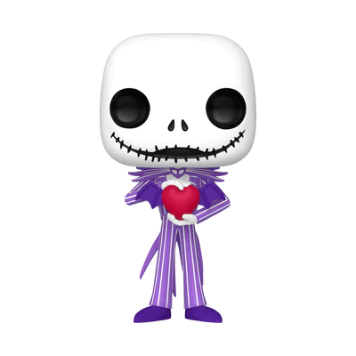 Valentijnsthema Pop! Jack Skellington met een paarse en witte outfit en een rood hart, een must-have voor liefhebbers van The Nightmare Before Christmas.