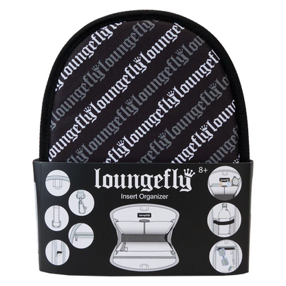 Loungefly Mini Backpack Insert Organiser met handige vakken, lusjes en stijlvolle Loungefly-logo details.