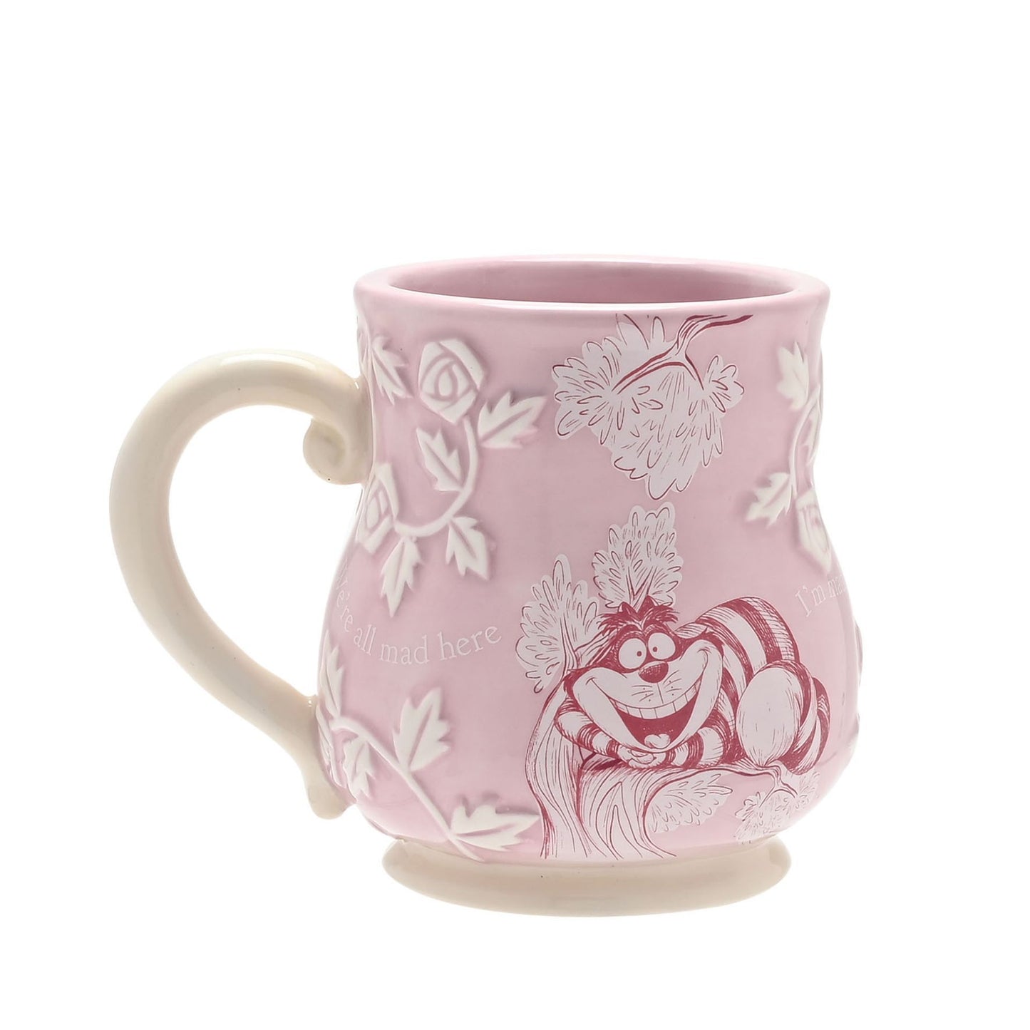 Betoverende Alice in Wonderland mok: Keramische mok met reliëf van Cheshire Cat, roze kleur en geglazuurde afwerking, exclusief onderzetter.