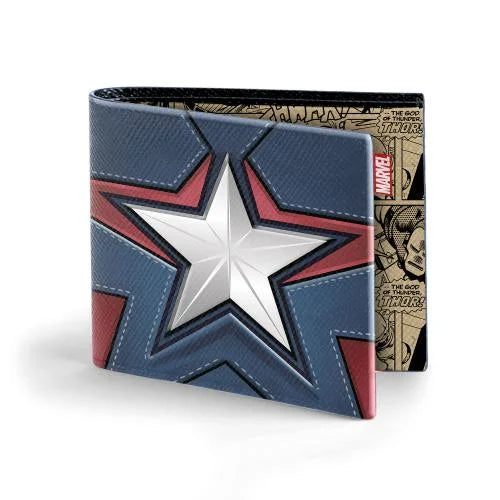 Captain America Comics Bifold Portemonnee met iconische afbeeldingen uit de Captain America-comics, duurzame materialen, en vakken voor pasjes, papiergeld en munten. Stoer en compact design voor Marvel-fans.