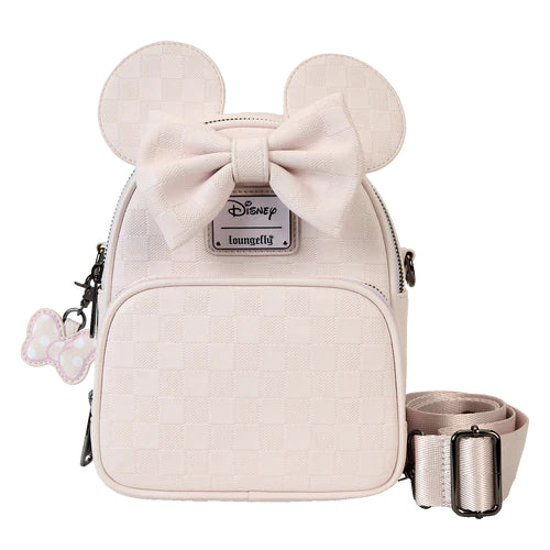 Crossbodytas met dambordontwerp en Minnie Mouse-details, gemaakt van vegan leer, met afneembare schouderriem en verstelbare rugzakriemen voor veelzijdig gebruik.