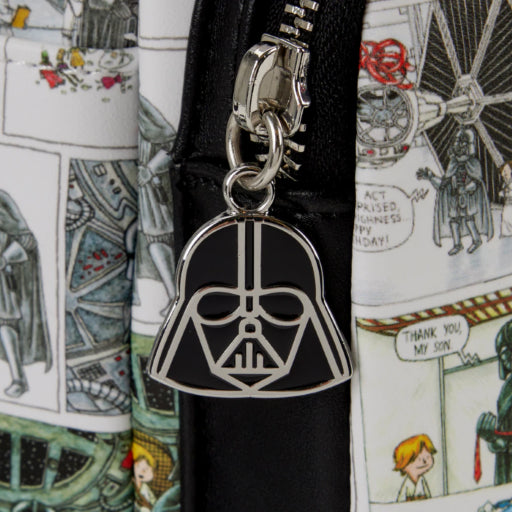 Gedetailleerde stripverhaalprint van Darth Vader, Luke en Leia op een Darth Vader Comic Strip collectie accessoire.