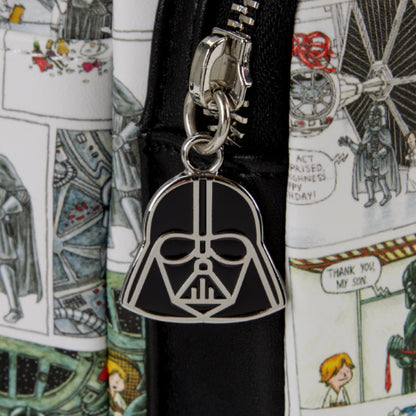 Gedetailleerde stripverhaalprint van Darth Vader, Luke en Leia op een Darth Vader Comic Strip collectie accessoire.