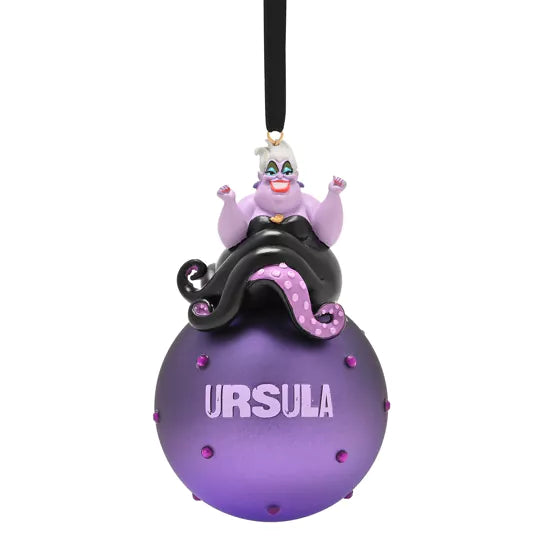 Glazen kerstbal versierd met Disney’s Ursula, perfect voor een mysterieuze en unieke kerstdecoratie.