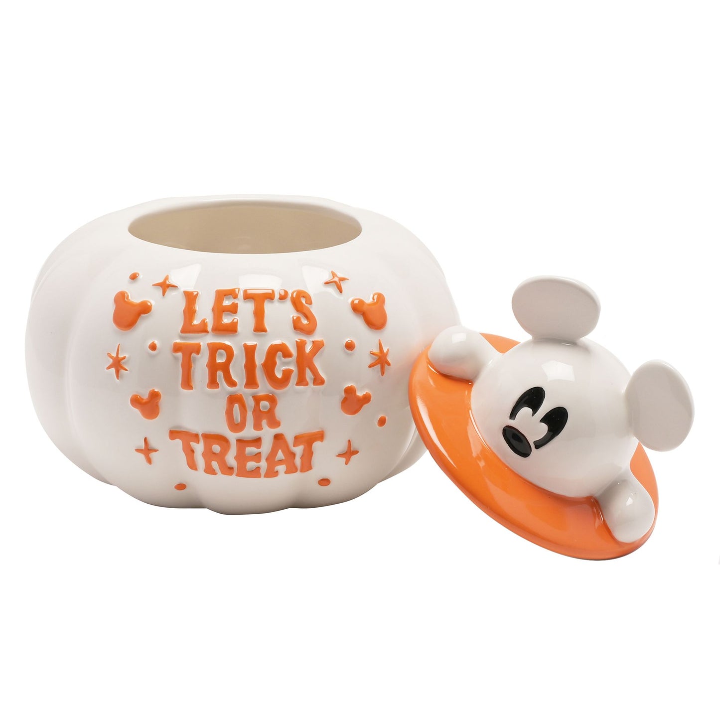 "Griezelig vrolijke Mickey-spooktraktatie pot - Betoverende keramische pot van DISNEY® met glanzende afwerking en 'Let's Trick or Treat'-tekst. Perfect voor Halloween-lekkernijen!"