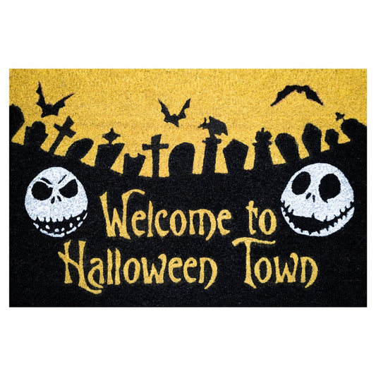 "Nightmare Before Christmas deurmat: Welkom in Halloween Town! Jack Skellington, Sally en pompoenen omringd door de maan."