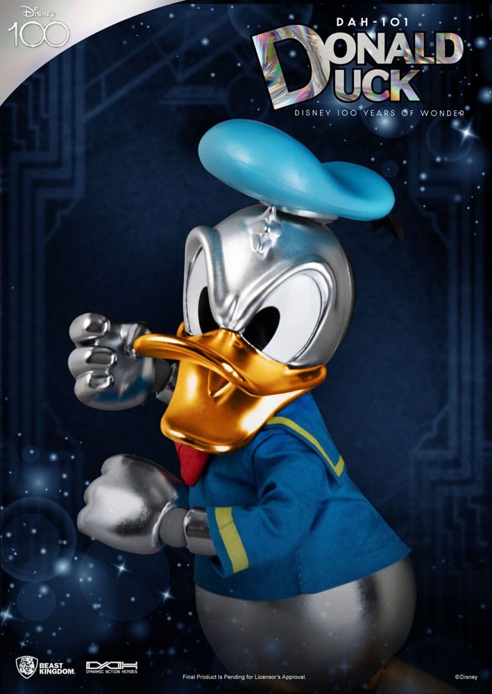 "Een limited edition Donald Duck-figuur met realistische details, waaronder verwisselbare ogen, snavels en handen. Een eerbetoon aan Disney's 100-jarig bestaan in een metallic kleurstelling."