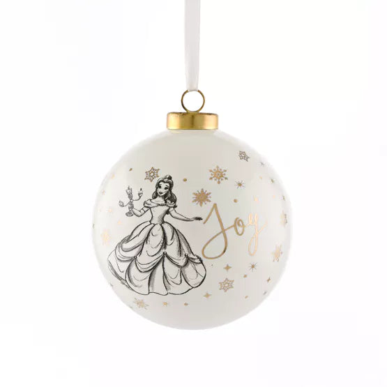 Disney keramische kerstbal van Belle uit Beauty and the Beast, handbeschilderd en afgebeeld in haar iconische gele jurk voor een betoverende kerstdecoratie.